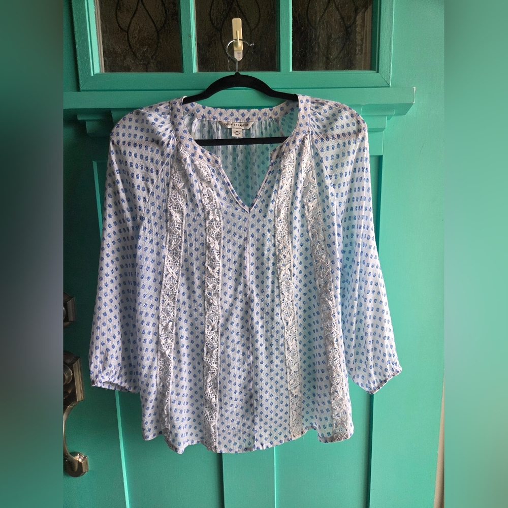 Counterparts Light Blue and White Patterned Blouse